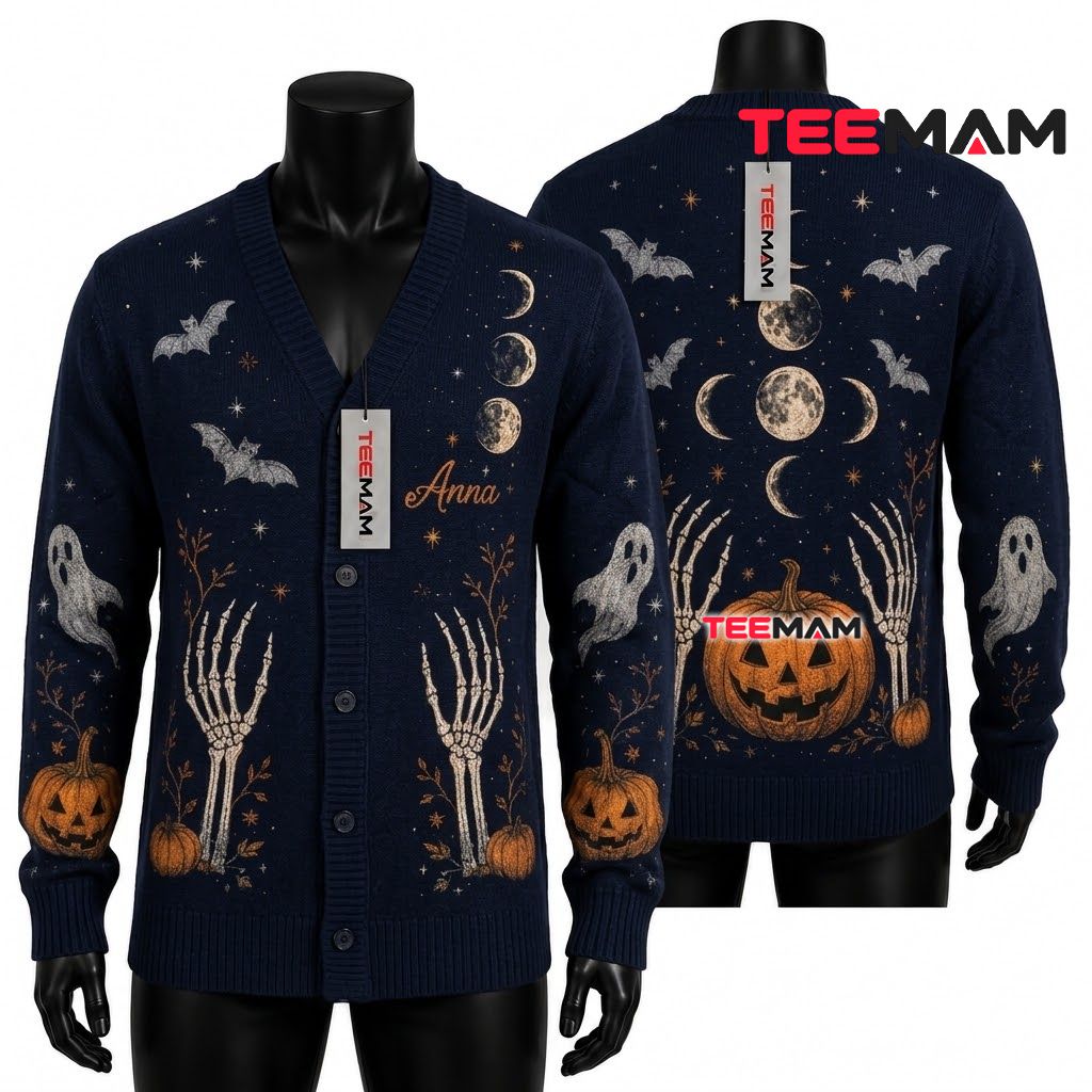 Custom Name Halloween Cardigan Moon Phase Skeleton Hand 1