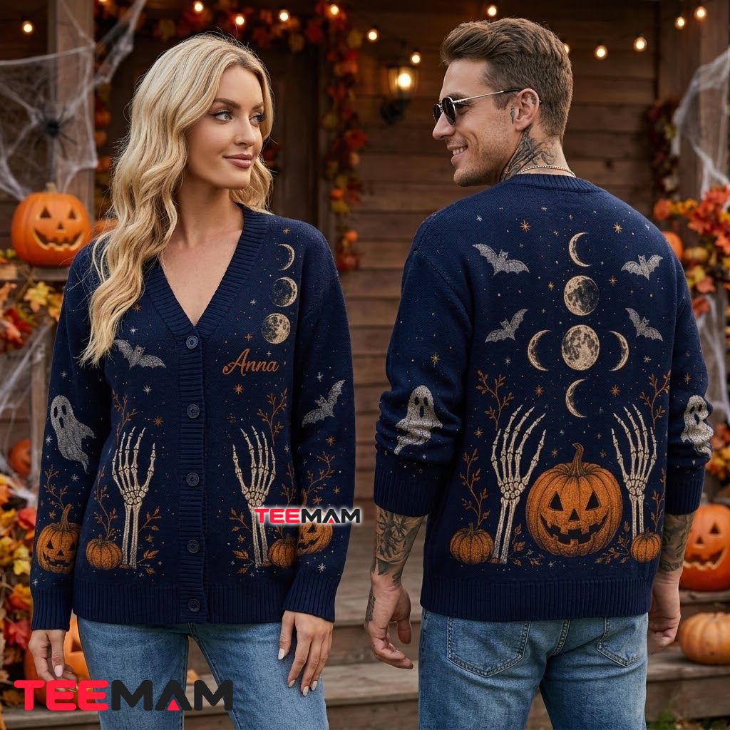 Custom Name Halloween Cardigan Moon Phase Skeleton Hand 2 Custom Name Halloween Cardigan Moon Phase Skeleton Hand 2