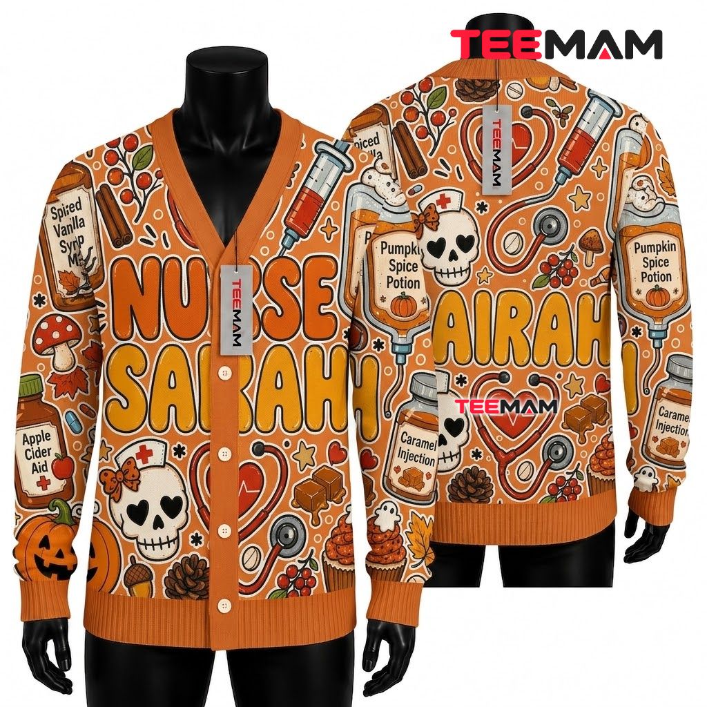Custom Name Halloween Cardigan Nurse Pumpkin Spice 1