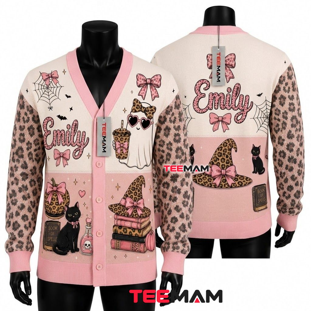 Custom Name Halloween Cardigan Pink Leopard Ghost 1