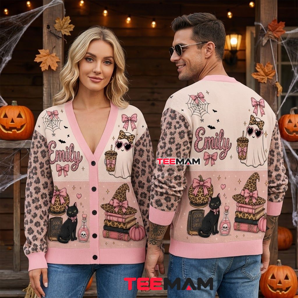 Custom Name Halloween Cardigan Pink Leopard Ghost 2 Custom Name Halloween Cardigan Pink Leopard Ghost 2