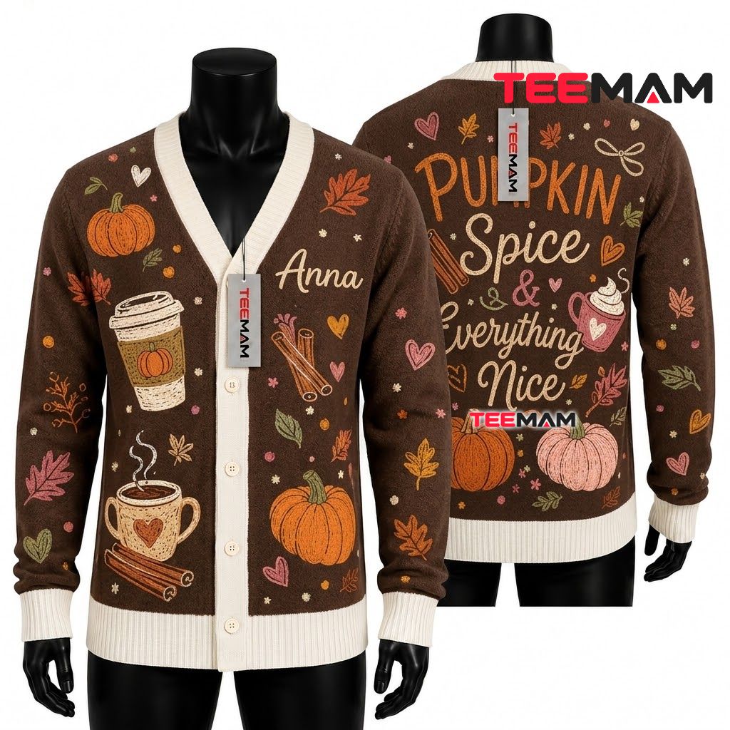 Custom Name Halloween Cardigan Pumpkin Spice Latte 1