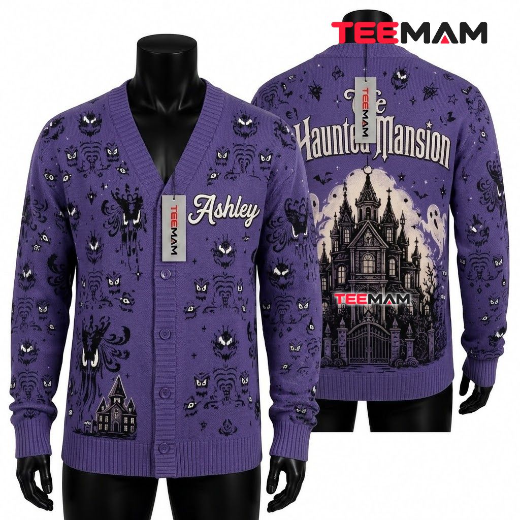 Custom Name Halloween Cardigan Purple Haunted Mansion 1