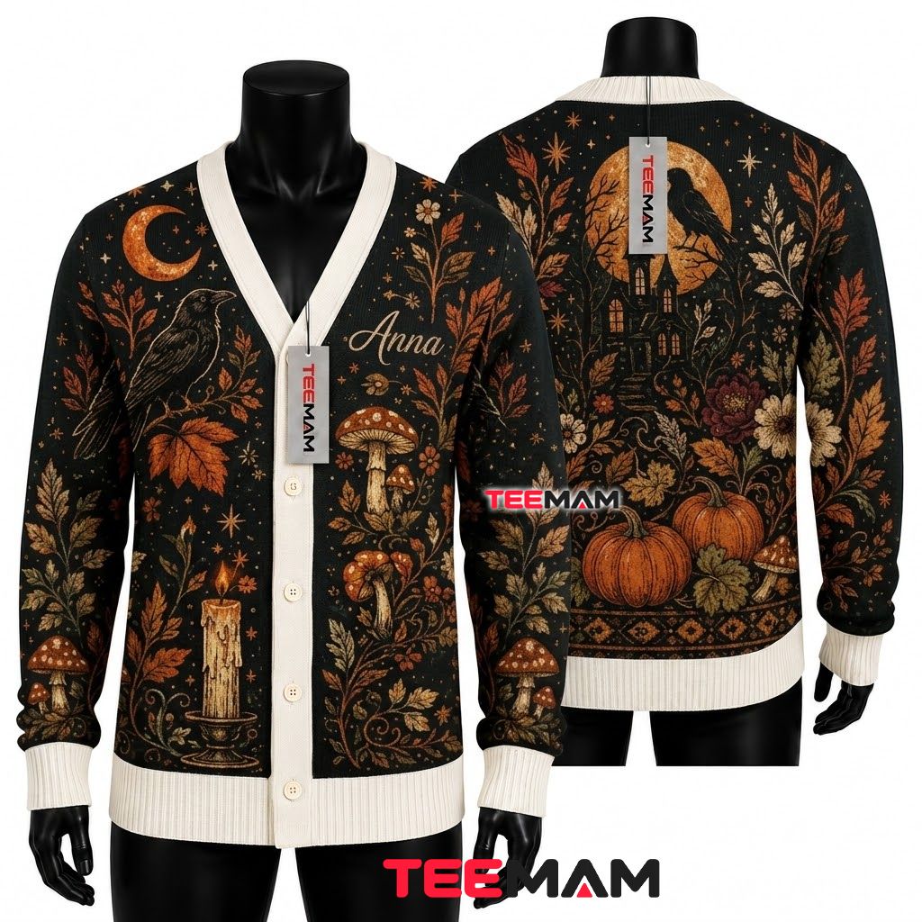 Custom Name Halloween Cardigan Raven Floral Moon 1