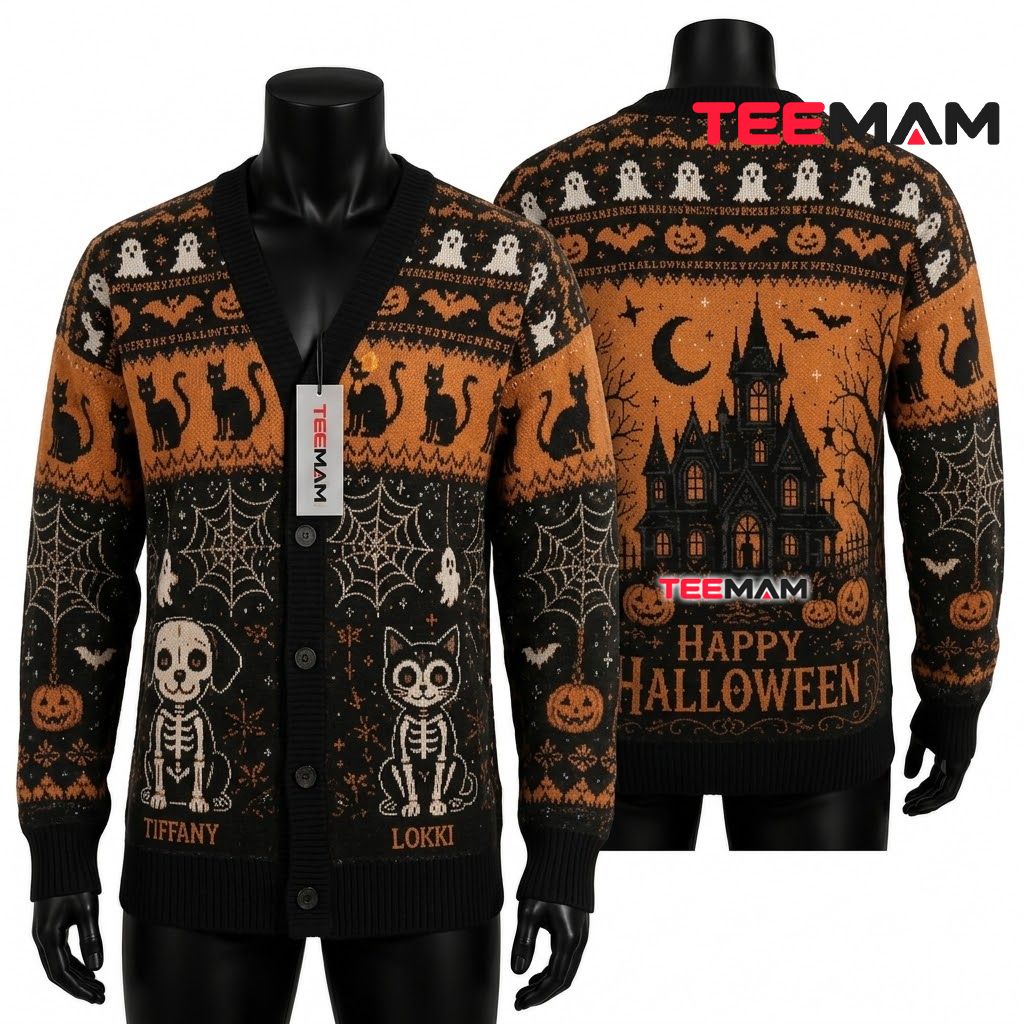 Custom Name Halloween Cardigan Skeleton Dog Cat 1
