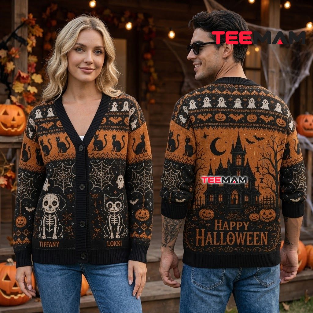 Custom Name Halloween Cardigan Skeleton Dog Cat 2 Custom Name Halloween Cardigan Skeleton Dog Cat 2