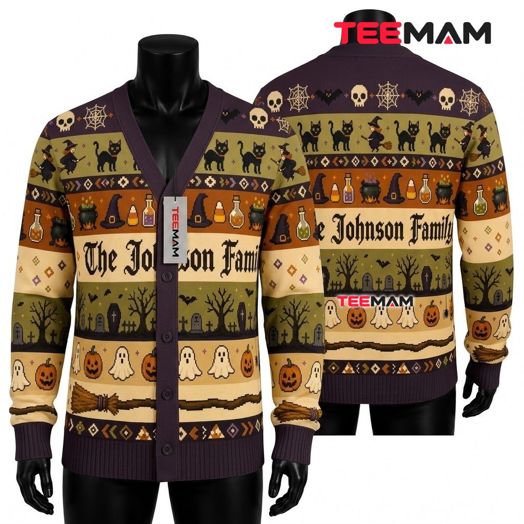 Custom Name Halloween Cardigan Witch Family Graveyard 1