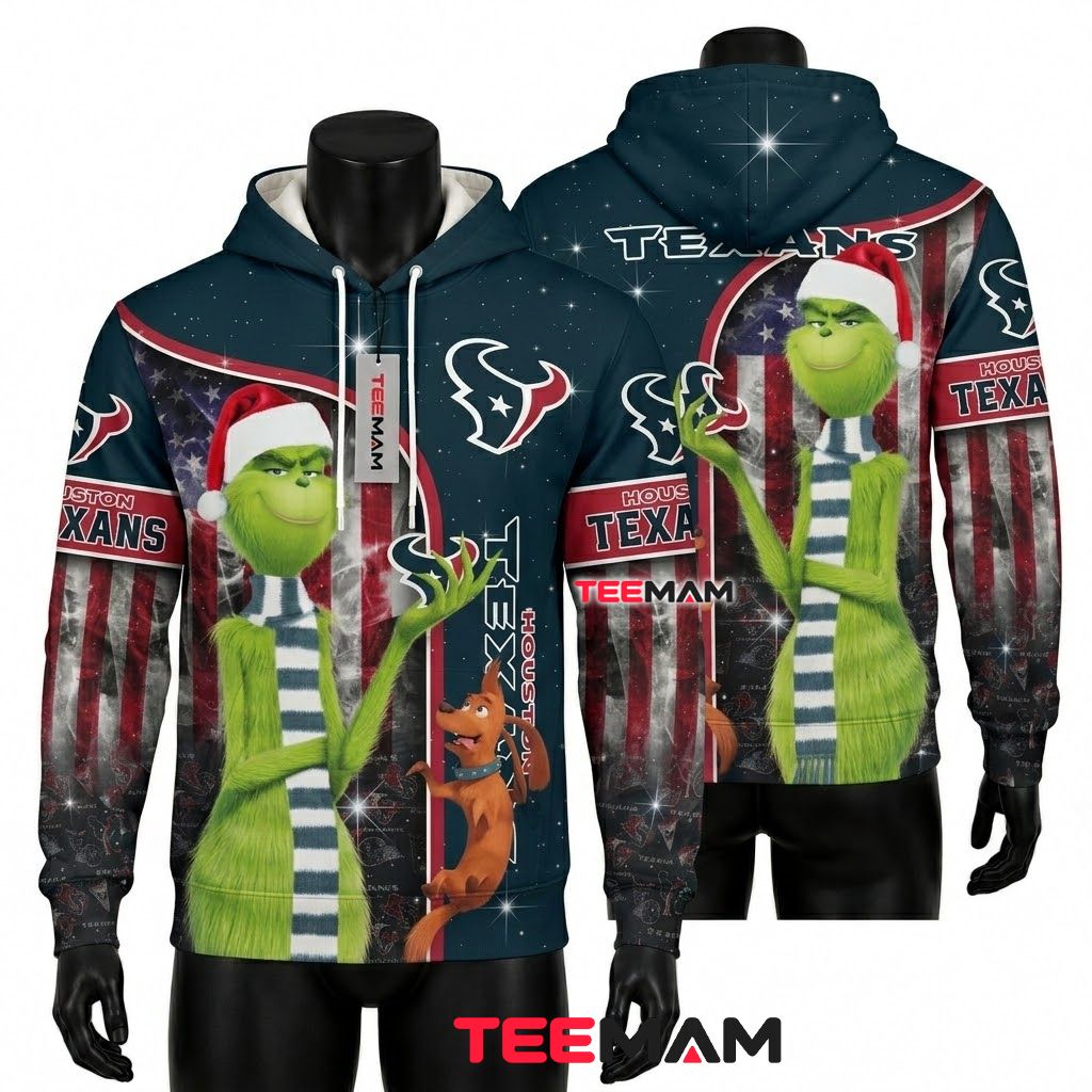 Custom Name Houston Texans 3D Hoodie Grinch Christmas American Flag Front