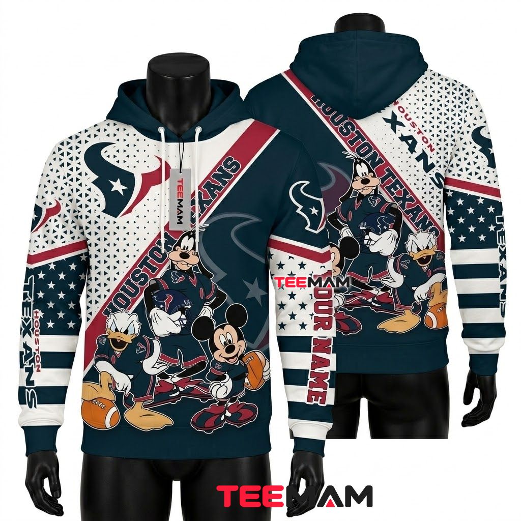 Custom Name Houston Texans 3D Hoodie Mickey Donald Goofy Front