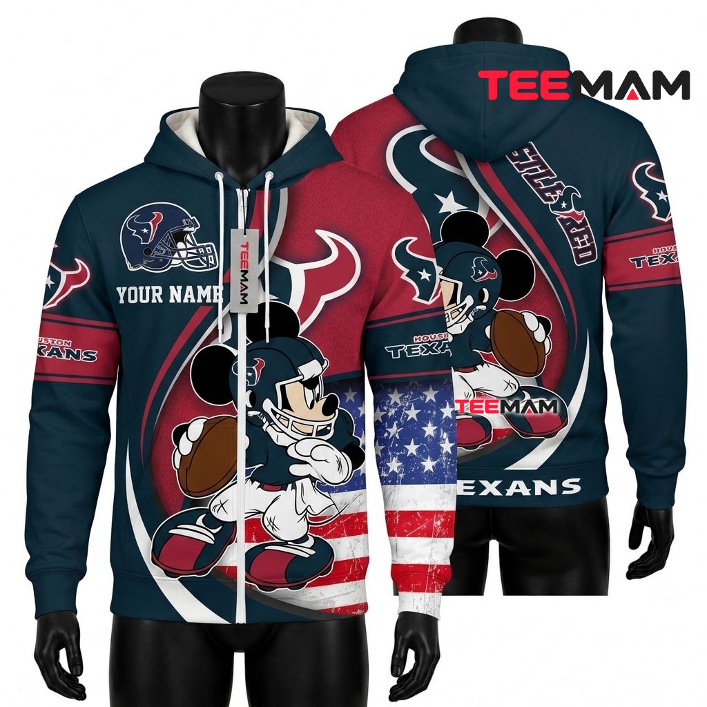 Custom Name Houston Texans 3D Hoodie Mickey Mouse Football Front
