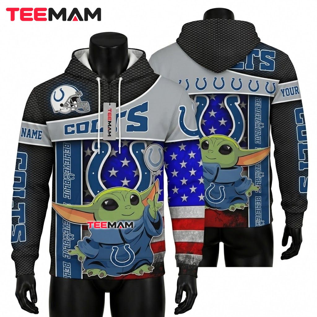 Custom Name Indianapolis Colts 3D Hoodie Baby Yoda Star Balloon Front