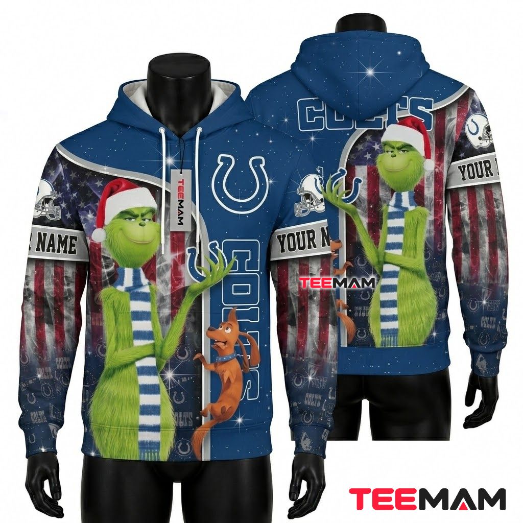 Custom Name Indianapolis Colts 3D Hoodie Grinch Max Christmas Front