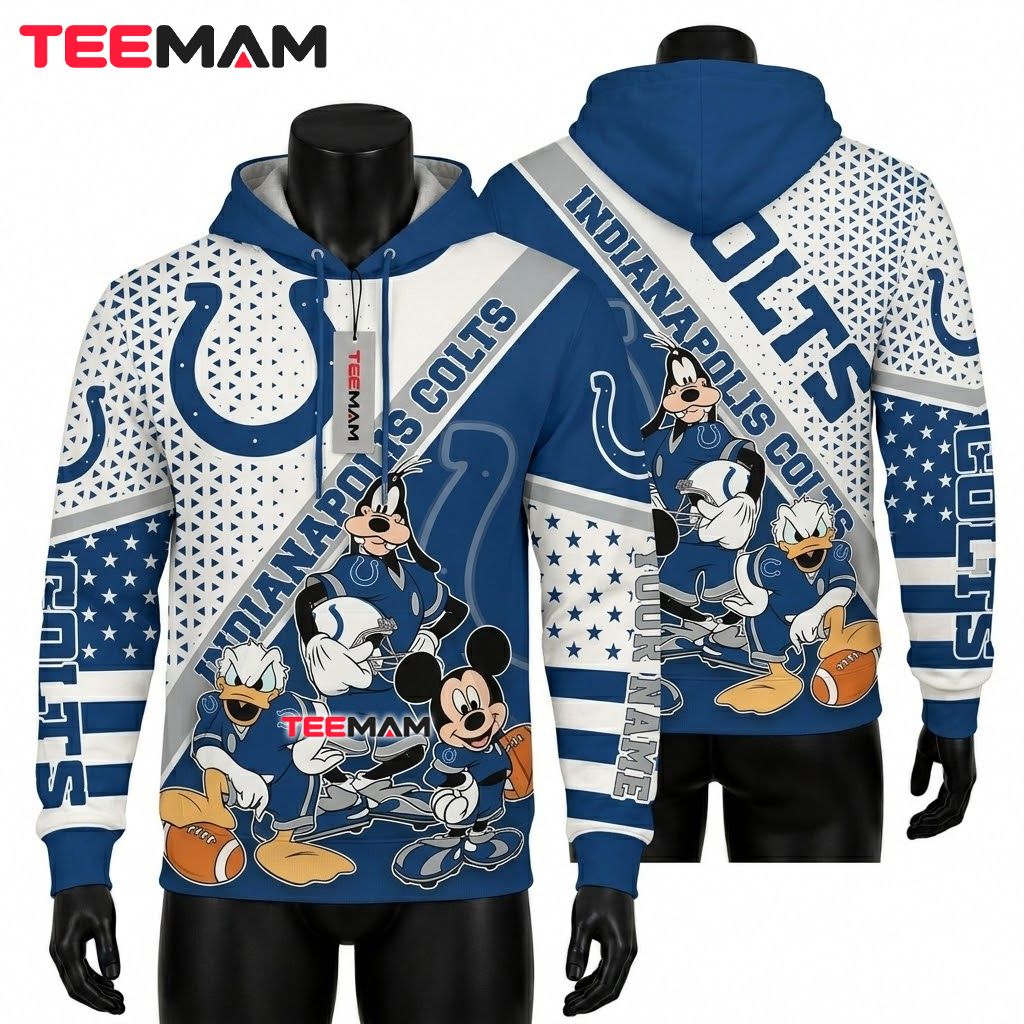 Custom Name Indianapolis Colts 3D Hoodie Mickey Donald Goofy Team Front