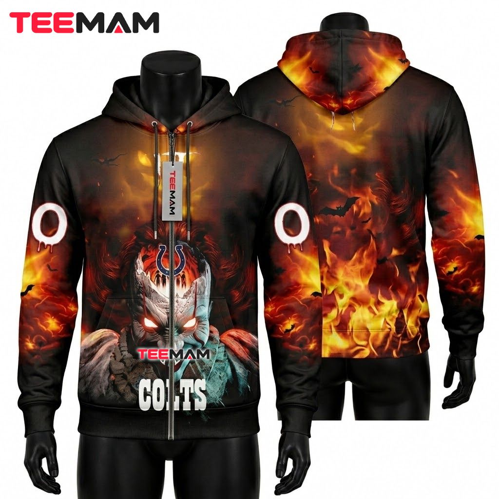 Custom Name Indianapolis Colts 3D Hoodie Split Demon Mask Fire Front