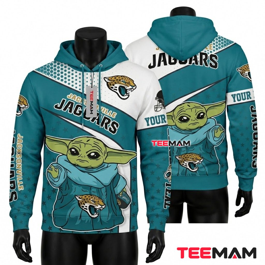 Custom Name Jacksonville Jaguars 3D Hoodie Baby Yoda Helmet Hug Front