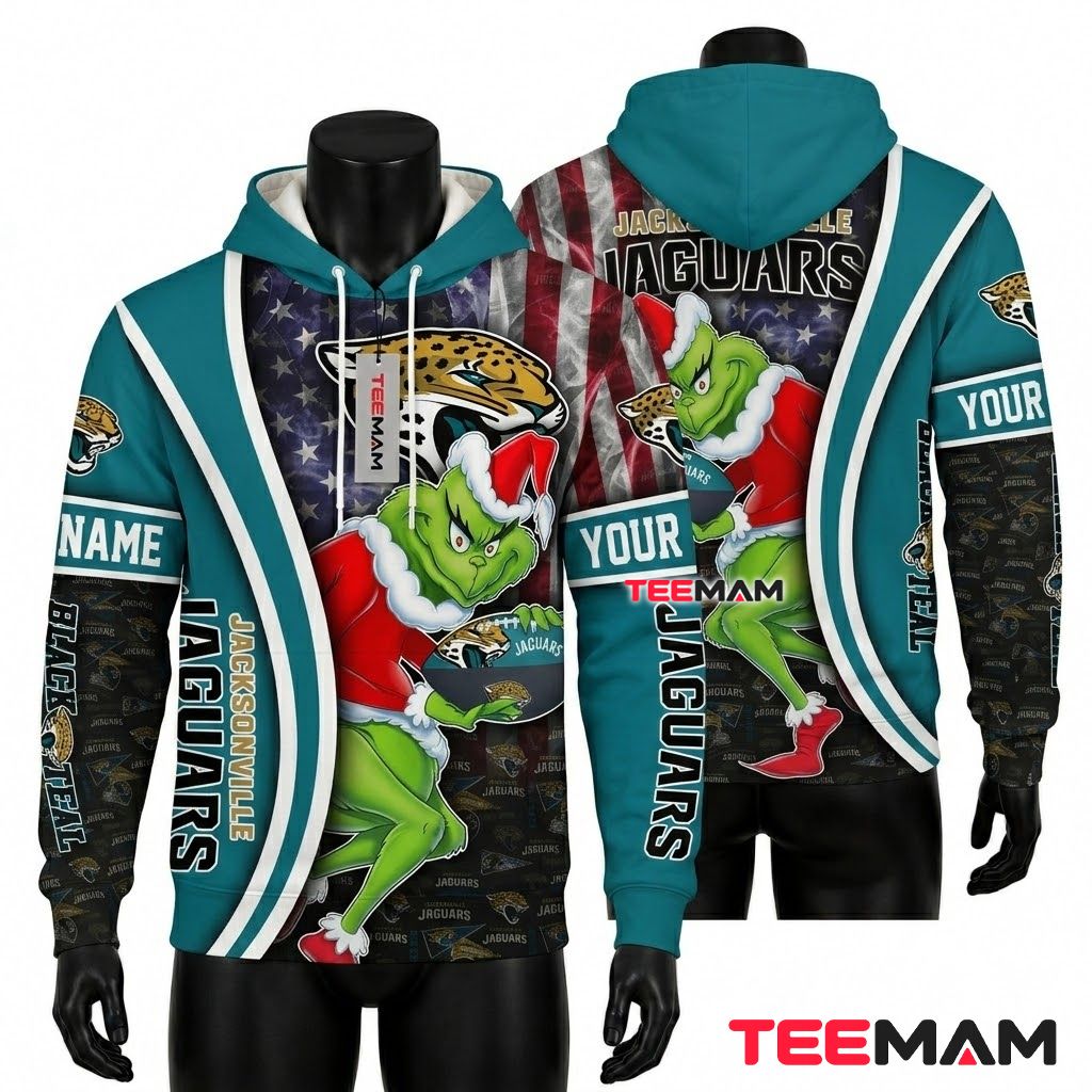 Custom Name Jacksonville Jaguars 3D Hoodie Grinch Football American Flag Front