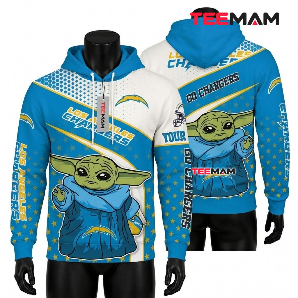 Custom Name Los Angeles Chargers 3D Hoodie Baby Yoda Star Print Front