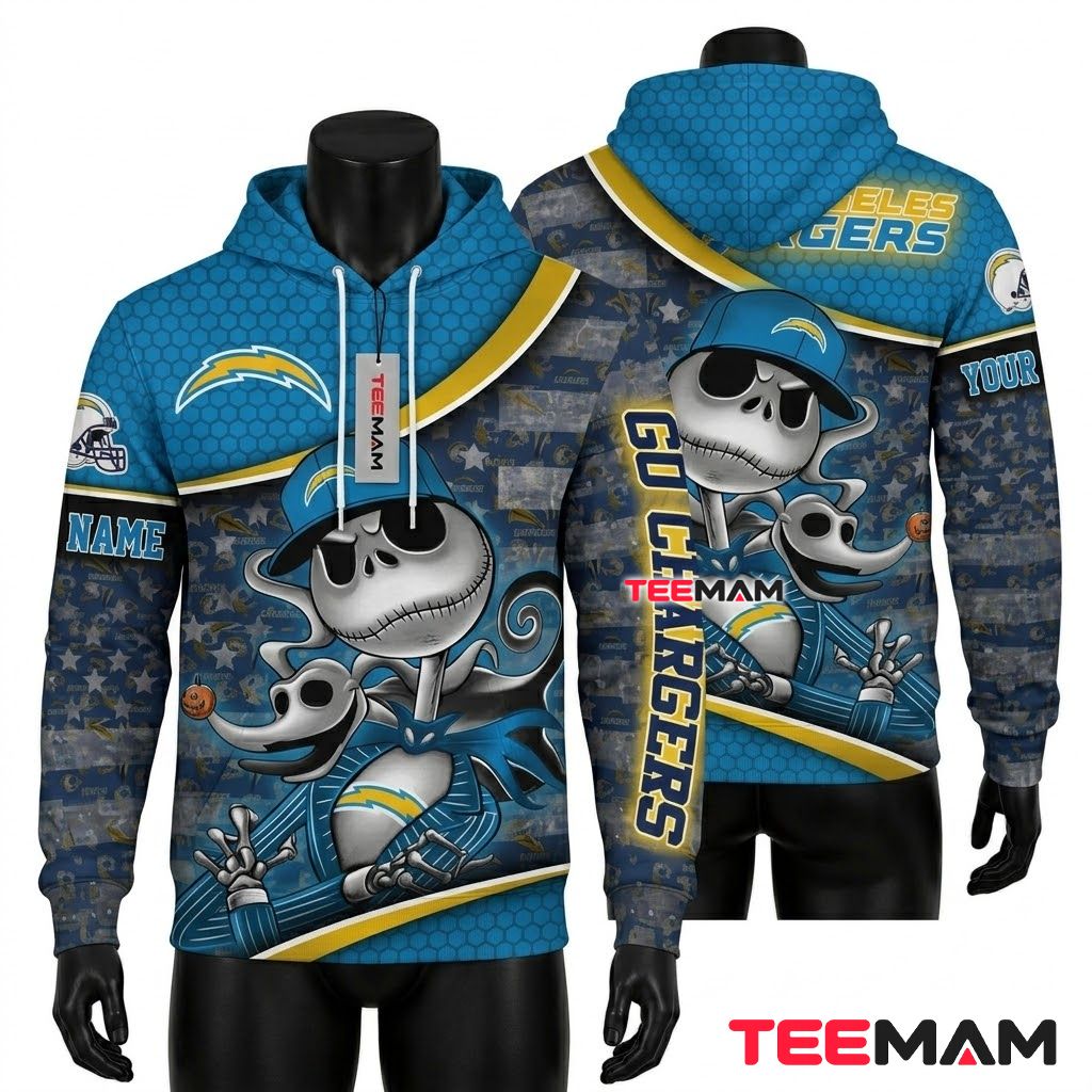 Custom Name Los Angeles Chargers 3D Hoodie Jack Skellington Pumpkin Front