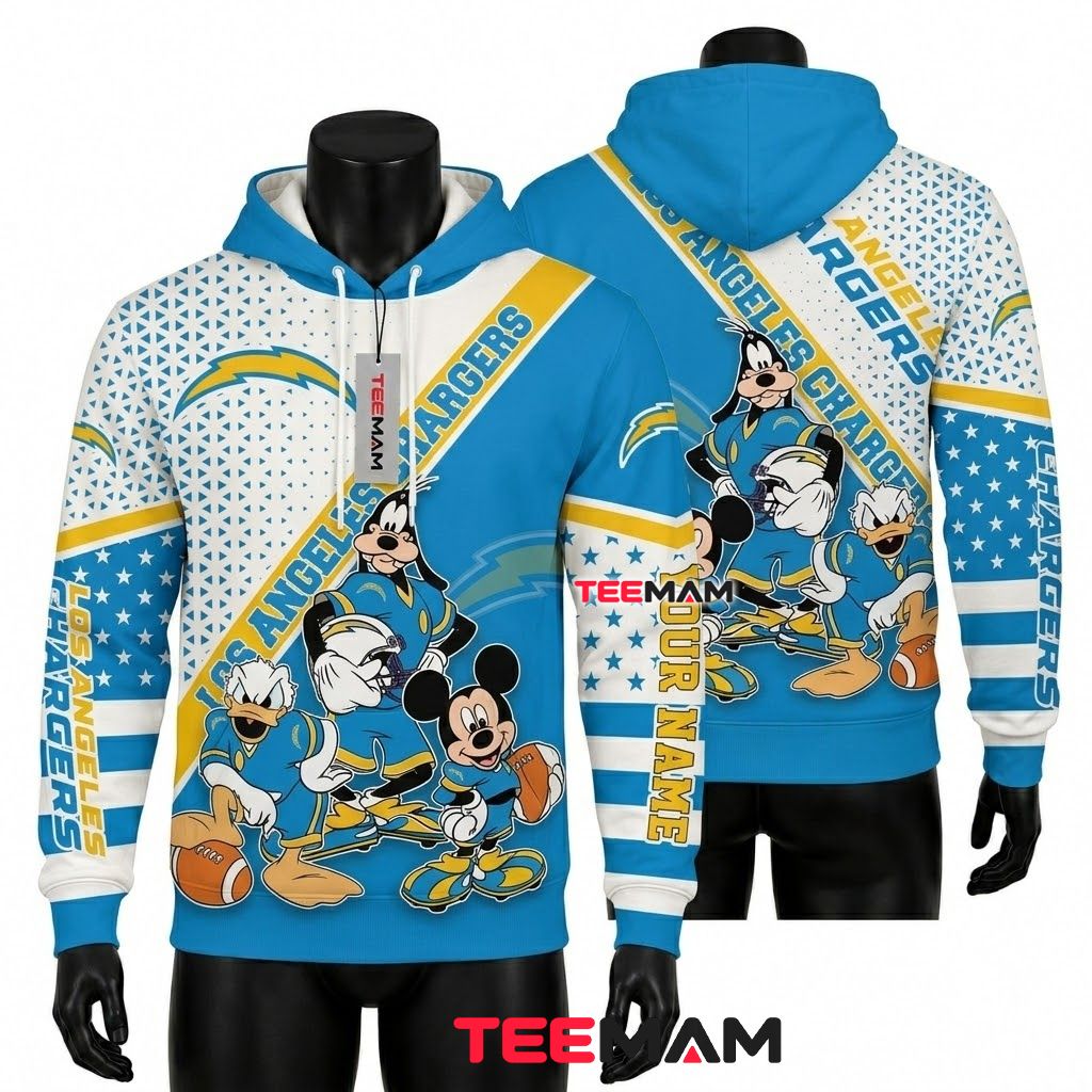 Custom Name Los Angeles Chargers 3D Hoodie Mickey Goofy Donald Trio Front