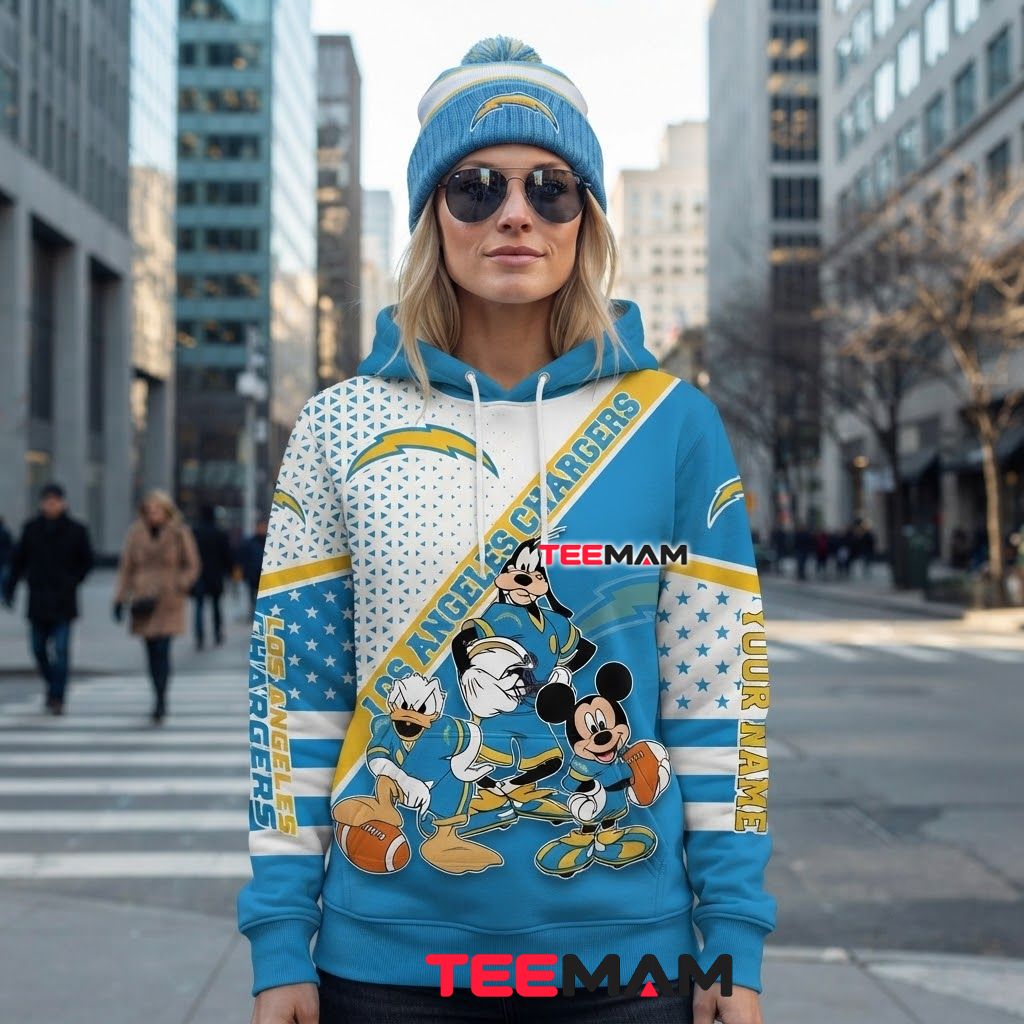 Custom Name Los Angeles Chargers 3D Hoodie Mickey Goofy Donald Trio Back Custom Name Los Angeles Chargers 3D Hoodie Mickey Goofy Donald Trio Back