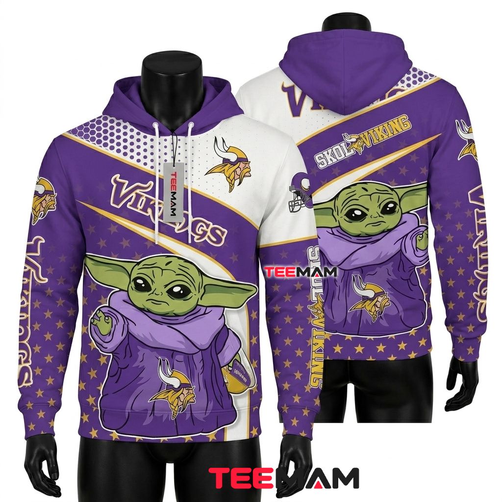 Custom Name Minnesota Vikings 3D Hoodie Baby Yoda Skol Front