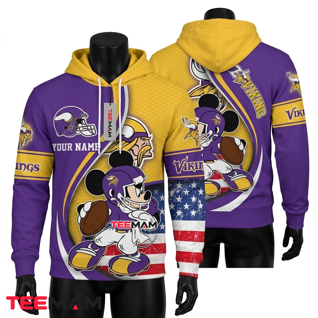 Custom Name Minnesota Vikings 3D Hoodie Mickey Mouse Football Front