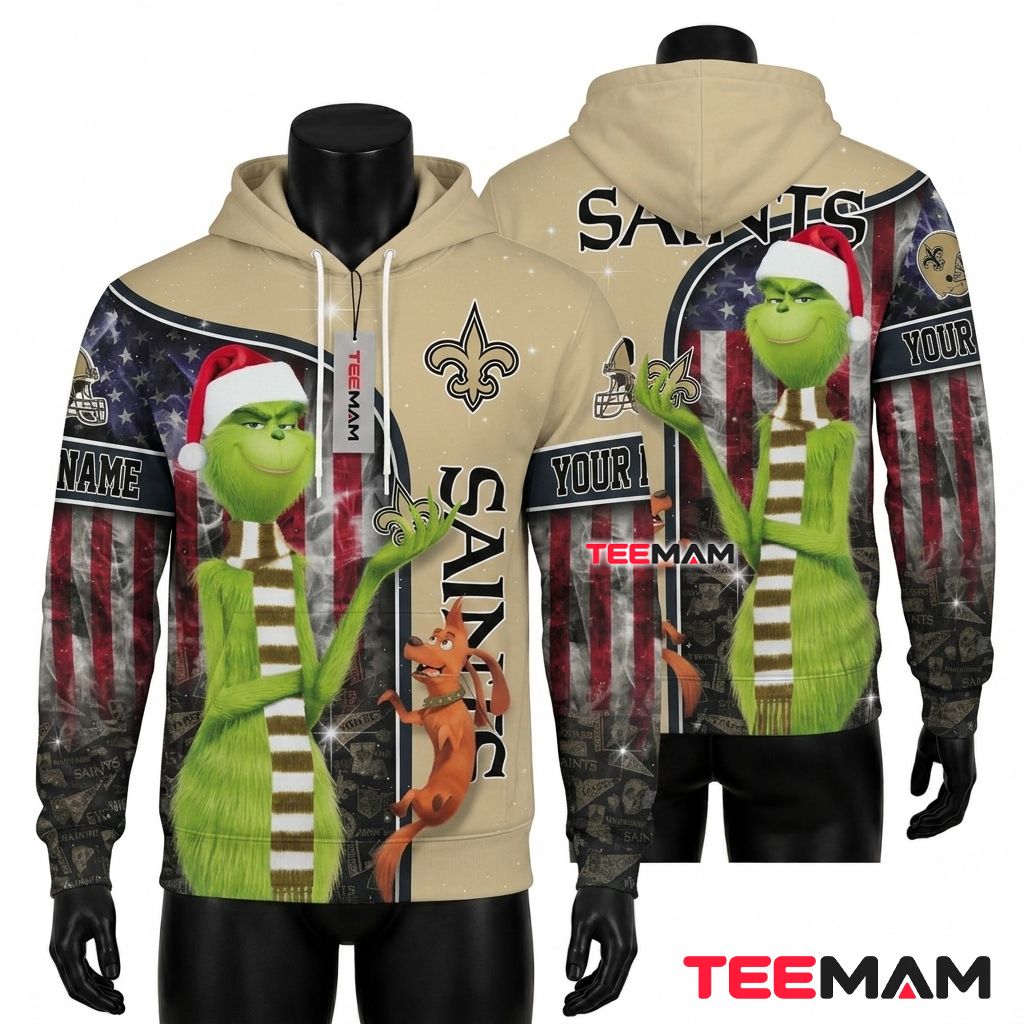Custom Name New Orleans Saints 3D Hoodie Grinch Max Christmas Front