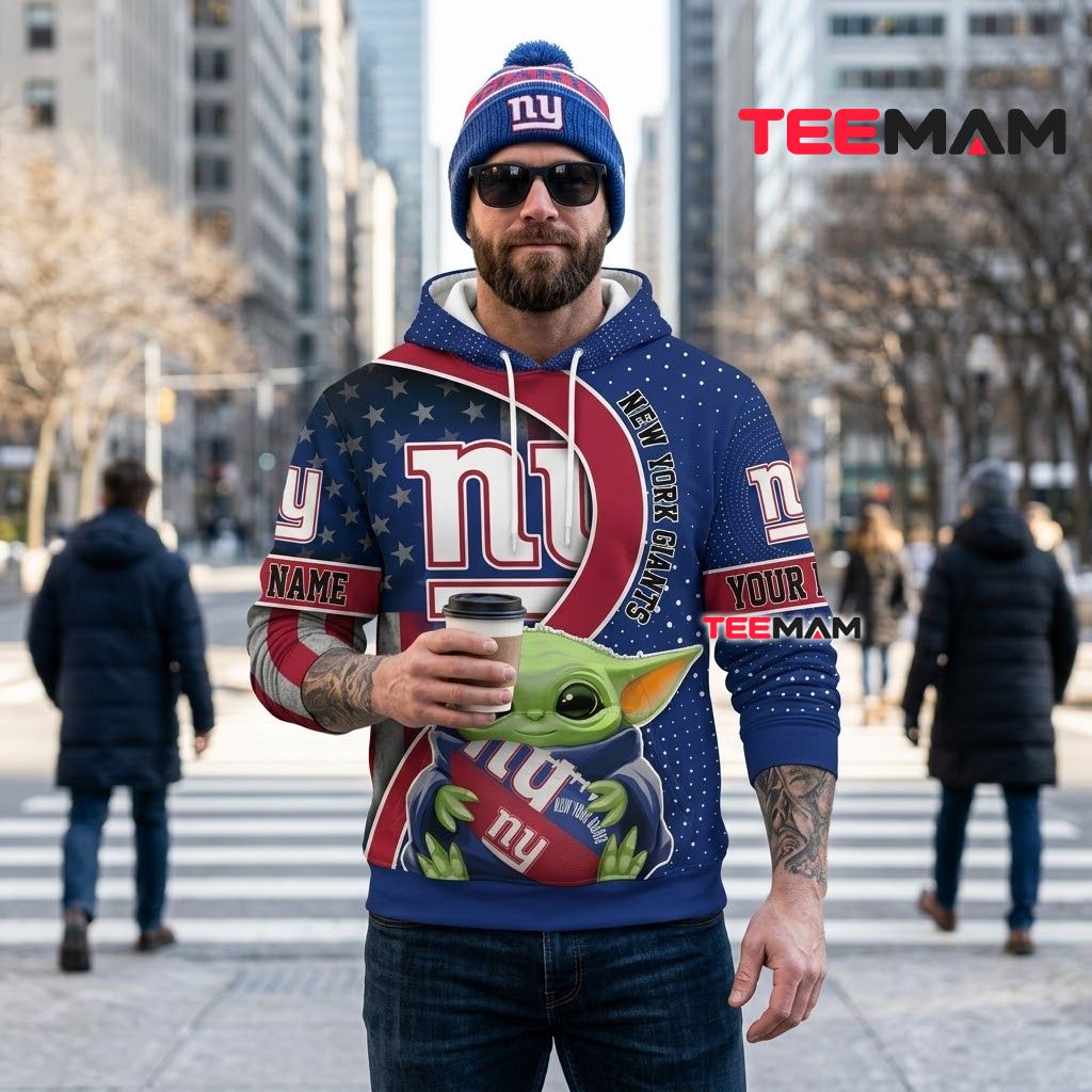 Custom Name New York Giants 3D Hoodie Baby Yoda American Flag Back Custom Name New York Giants 3D Hoodie Baby Yoda American Flag Back