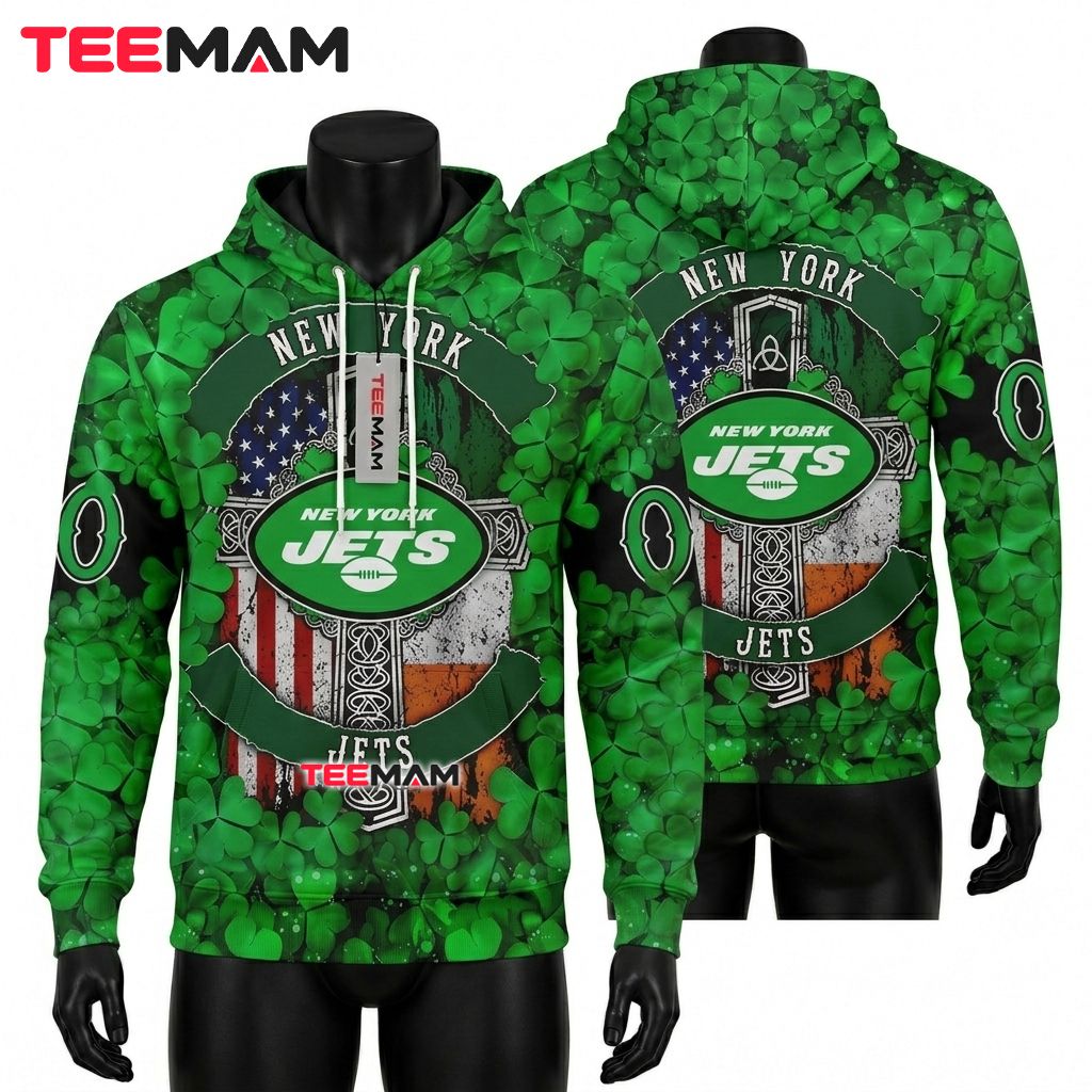 Custom Name New York Jets 3D Hoodie Celtic Cross Shamrock Front