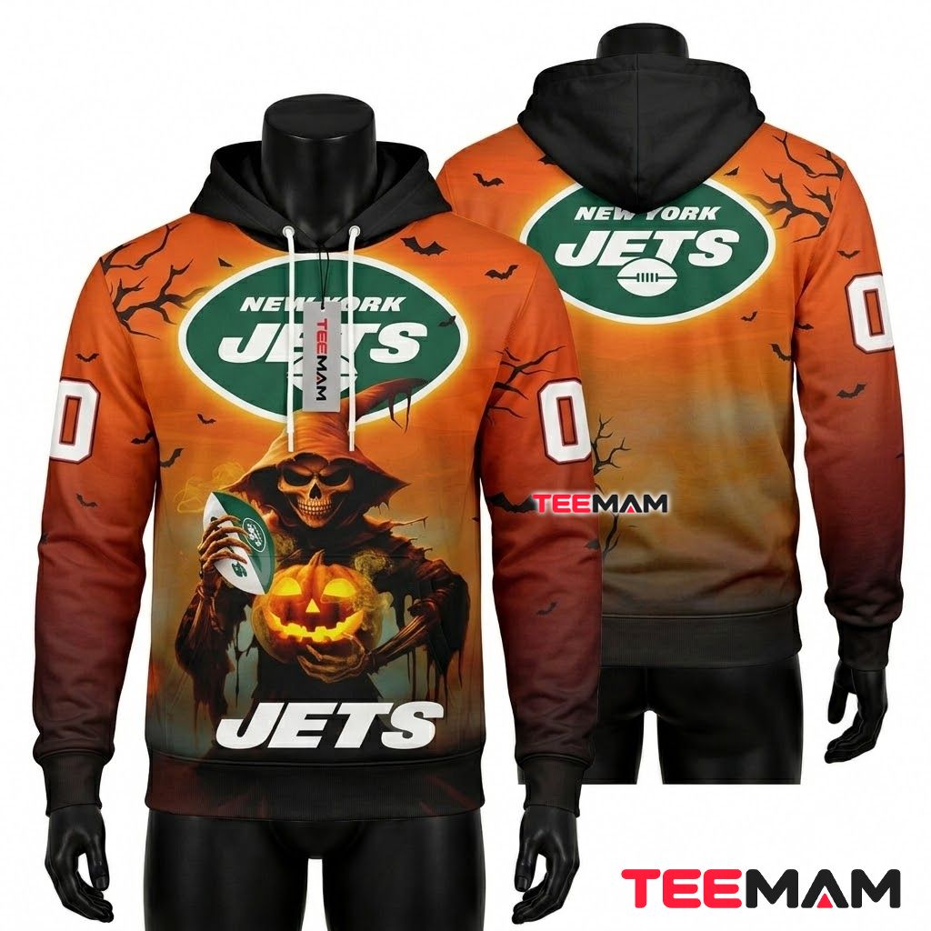 Custom Name New York Jets 3D Hoodie Grim Reaper Pumpkin Front