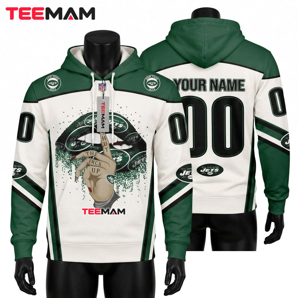 Custom Name New York Jets 3D Hoodie Lips Glitter Design Front