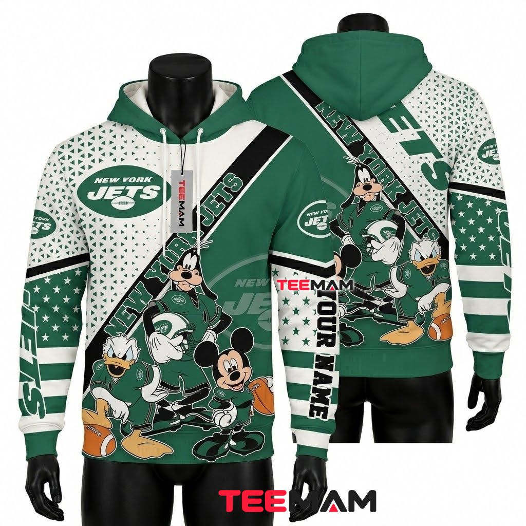 Custom Name New York Jets 3D Hoodie Mickey Donald Goofy Front