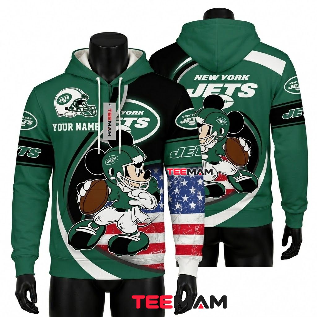 Custom Name New York Jets 3D Hoodie Mickey Mouse Football Front
