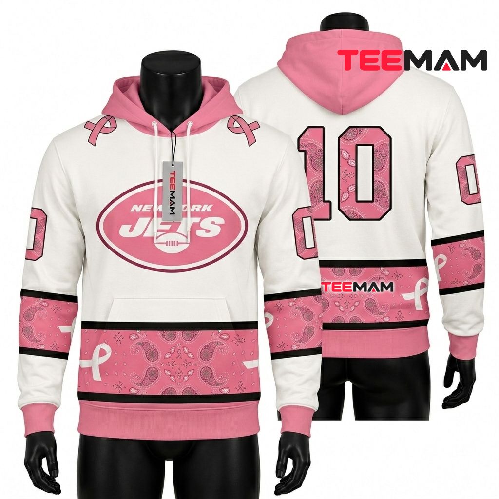 Custom Name New York Jets 3D Hoodie Paisley Cancer Awareness Front