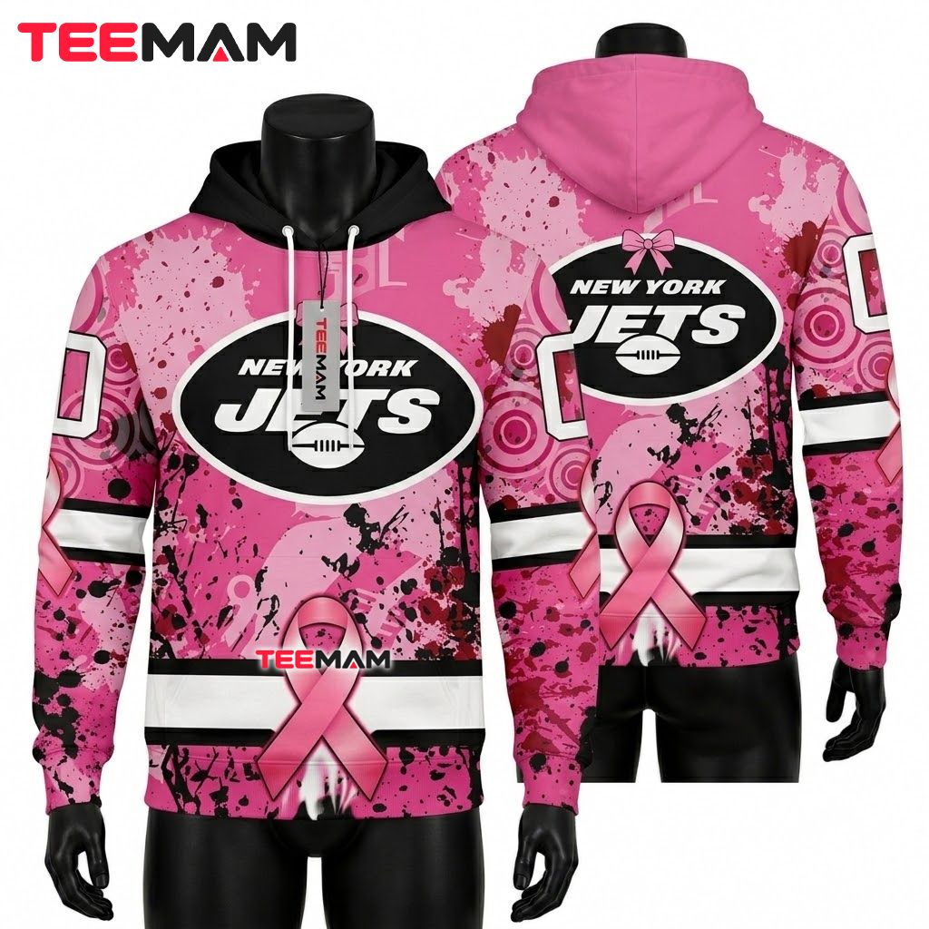 Custom Name New York Jets 3D Hoodie Pink Splatter Ribbon Front