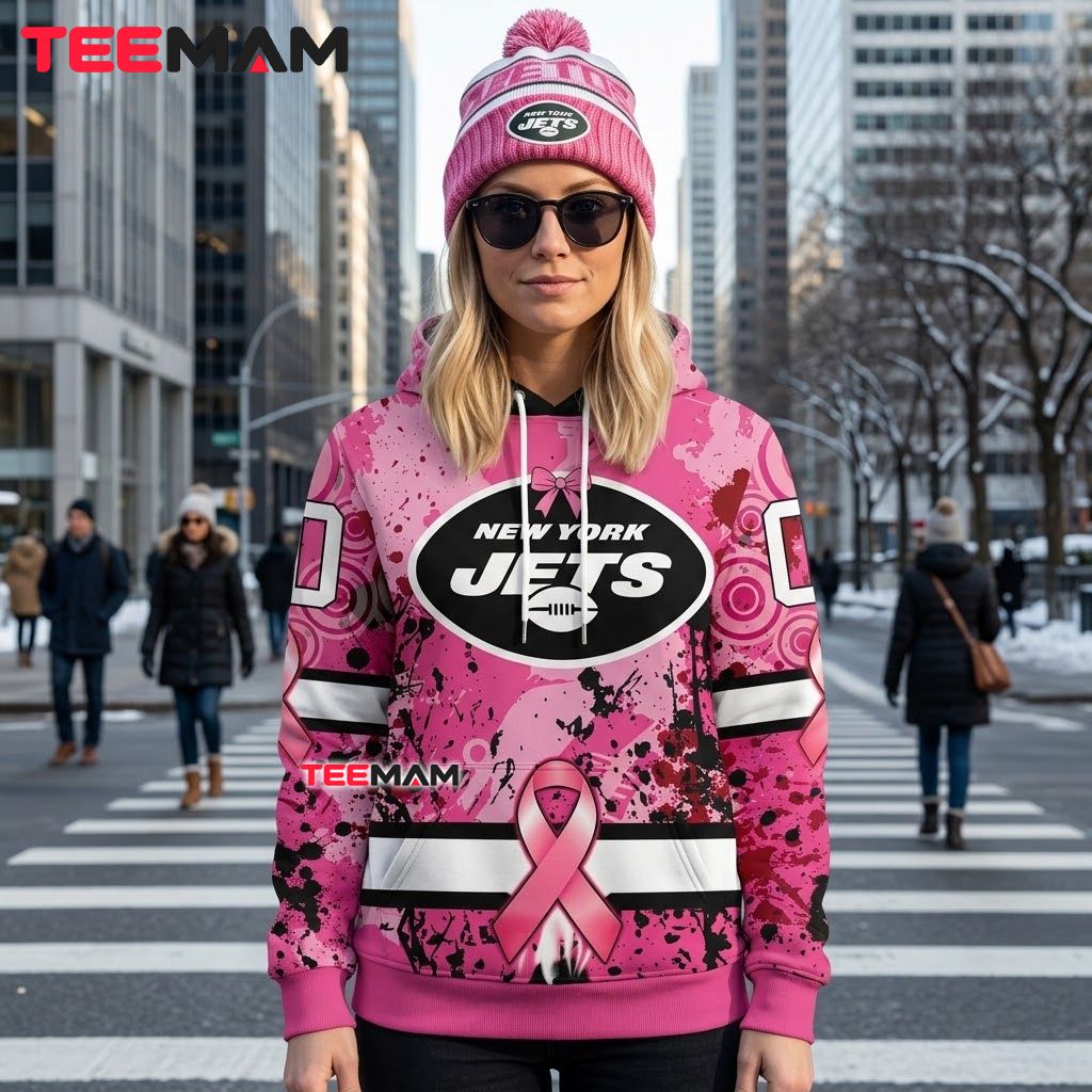 Custom Name New York Jets 3D Hoodie Pink Splatter Ribbon Back Custom Name New York Jets 3D Hoodie Pink Splatter Ribbon Back