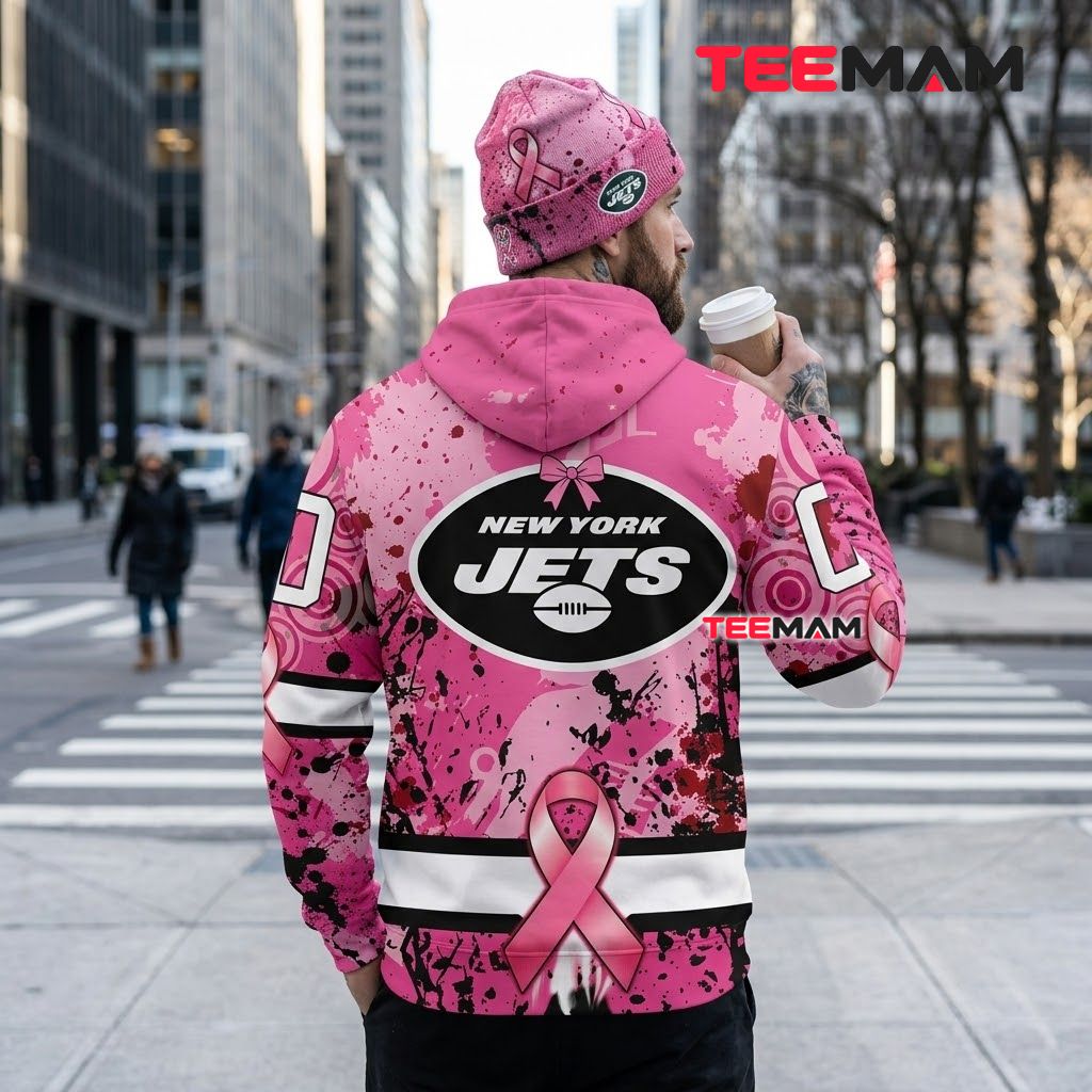 Custom Name New York Jets 3D Hoodie Pink Splatter Ribbon Version 3 Custom Name New York Jets 3D Hoodie Pink Splatter Ribbon Version 3