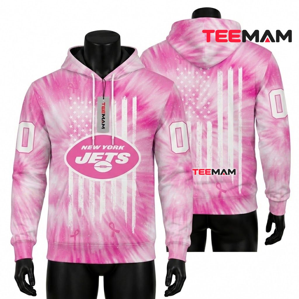 Custom Name New York Jets 3D Hoodie Pink Tie Dye Breast Cancer Front