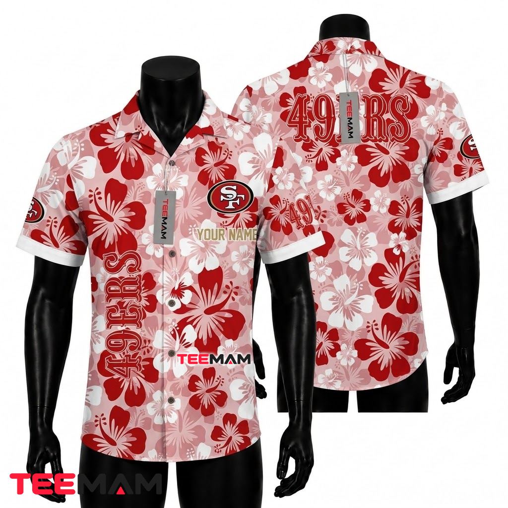 Custom Name San Francisco 49ers Hawaiian Shirt Hibiscus Pink Front