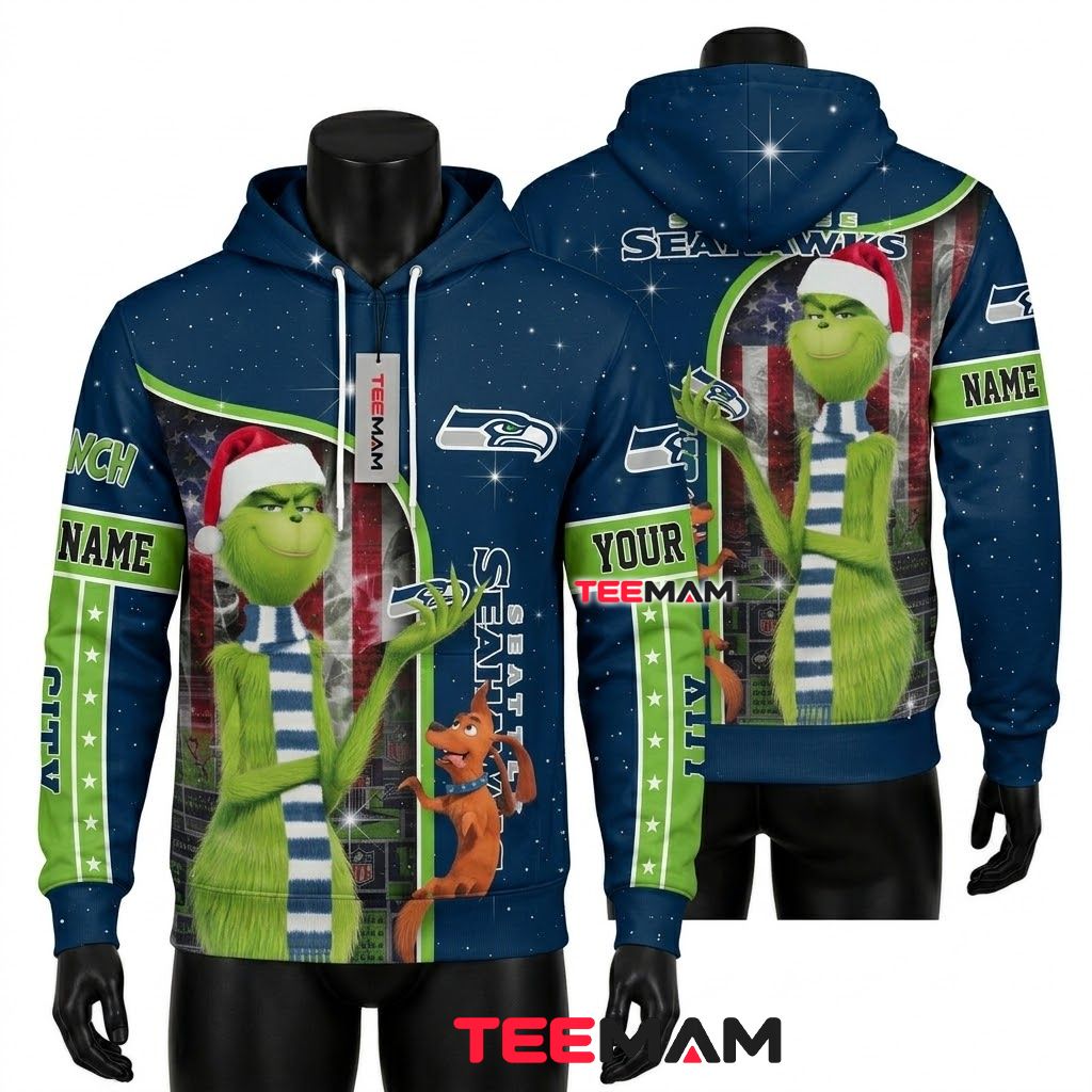 Custom Name Seattle Seahawks 3D Hoodie Grinch Christmas Flag Front
