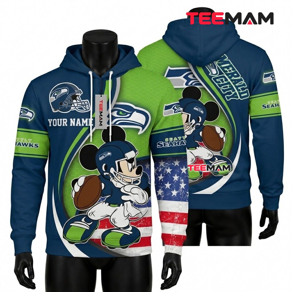 Custom Name Seattle Seahawks 3D Hoodie Mickey Goofy Donald