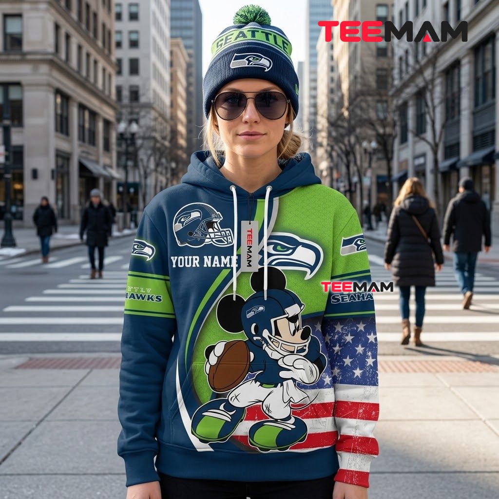 Custom Name Seattle Seahawks 3D Hoodie Mickey Mouse Football Back Custom Name Seattle Seahawks 3D Hoodie Mickey Mouse Football Back