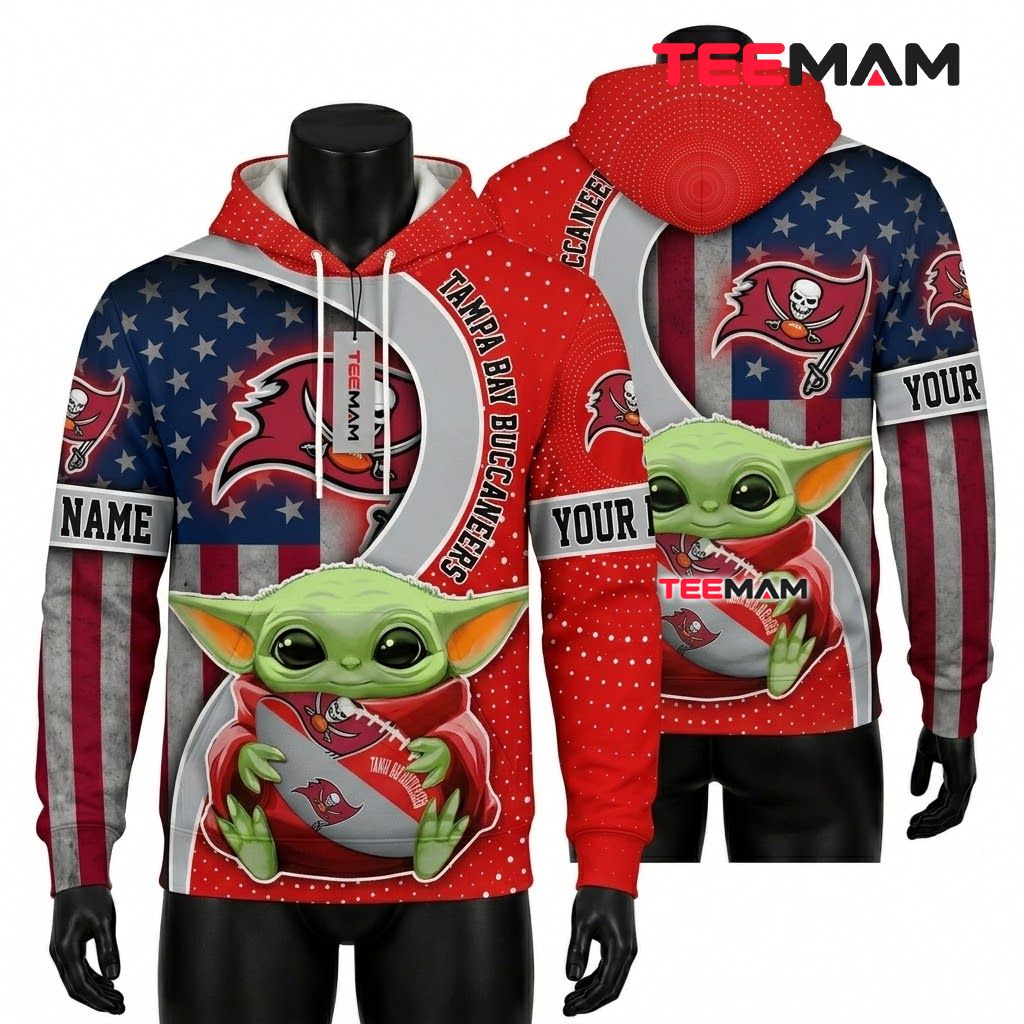 Custom Name Tampa Bay Buccaneers 3D Hoodie Baby Yoda Football Hug Front
