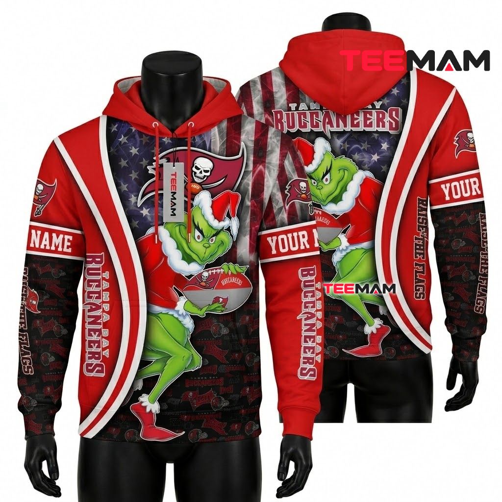 Custom Name Tampa Bay Buccaneers 3D Hoodie Grinch American Flag Front