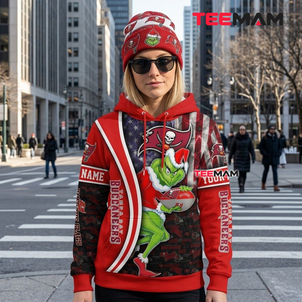 Custom Name Tampa Bay Buccaneers 3D Hoodie Grinch American Flag Back Custom Name Tampa Bay Buccaneers 3D Hoodie Grinch American Flag Back