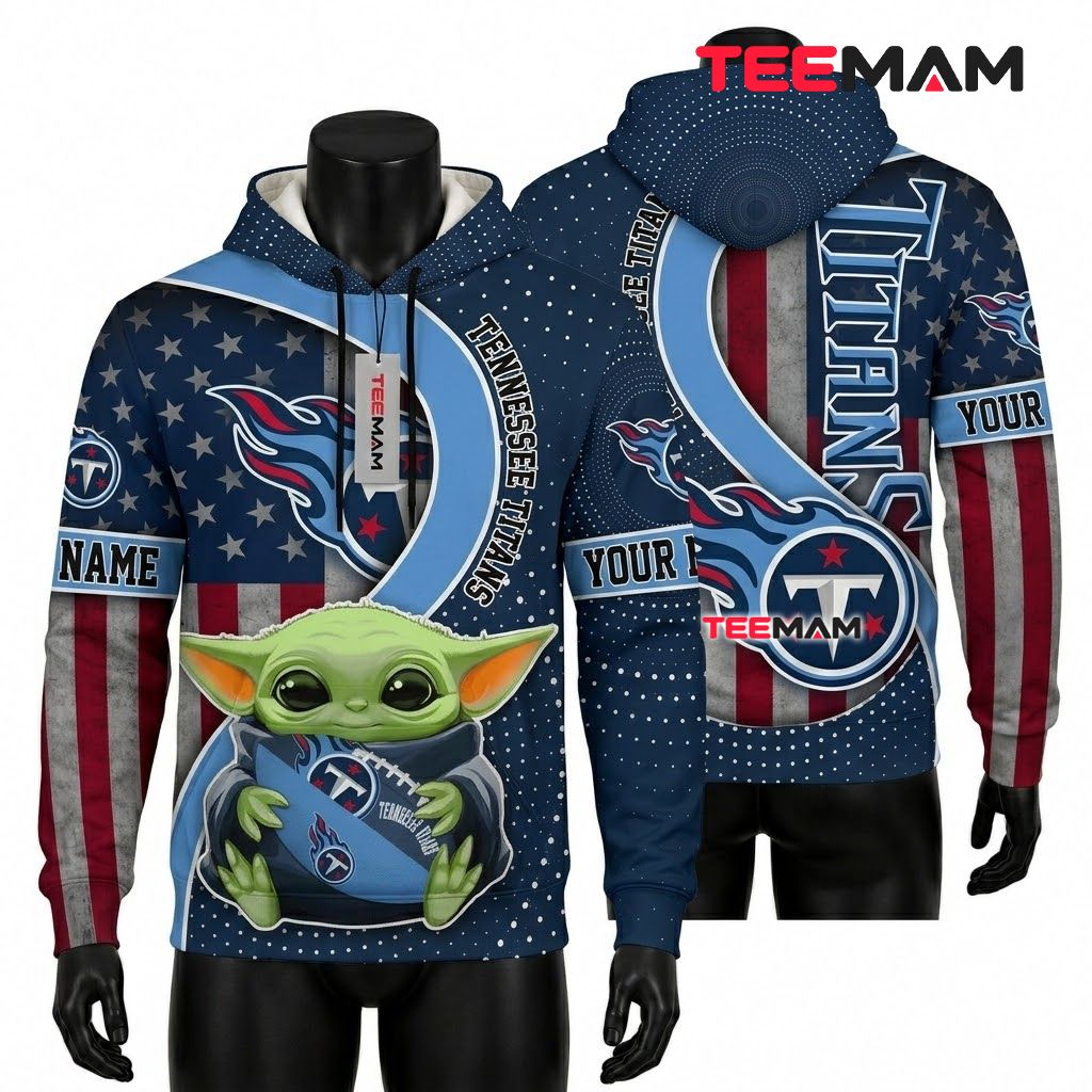 Custom Name Tennessee Titans 3D Hoodie Baby Yoda American Flag Front