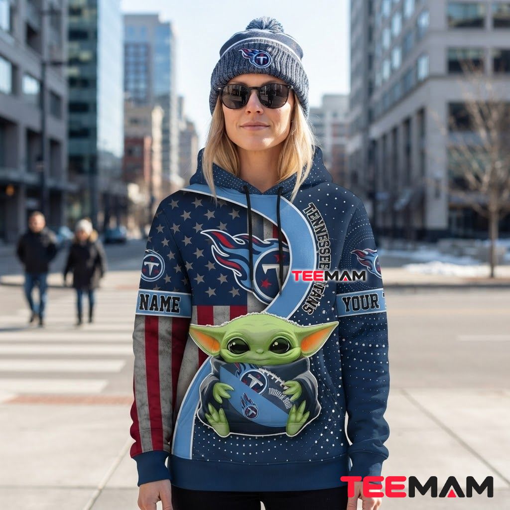Custom Name Tennessee Titans 3D Hoodie Baby Yoda American Flag Back Custom Name Tennessee Titans 3D Hoodie Baby Yoda American Flag Back