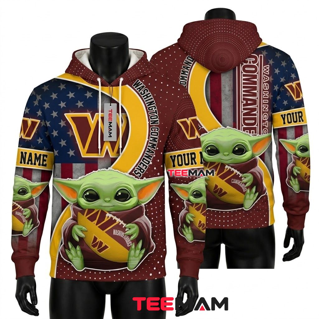 Custom Name Washington Commanders 3D Hoodie Baby Yoda American Flag Front