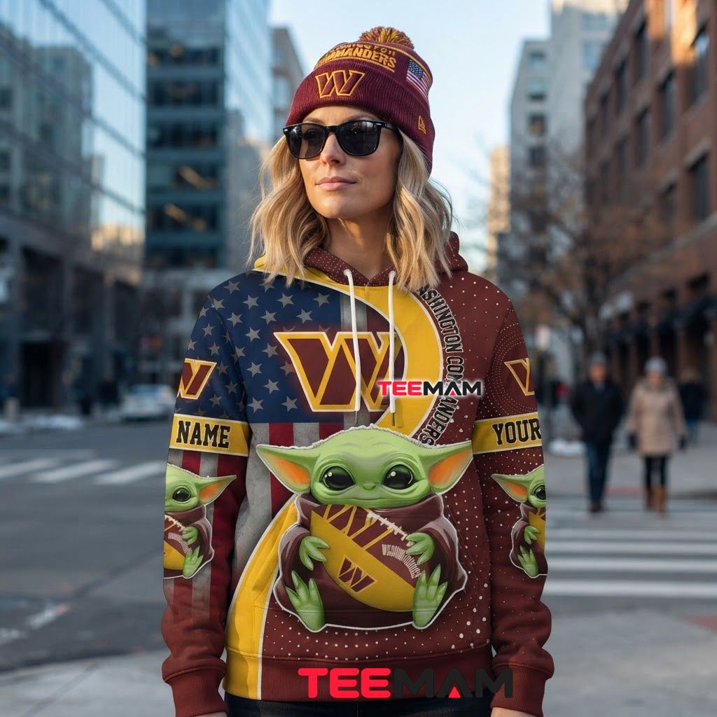 Custom Name Washington Commanders 3D Hoodie Baby Yoda American Flag Back Custom Name Washington Commanders 3D Hoodie Baby Yoda American Flag Back