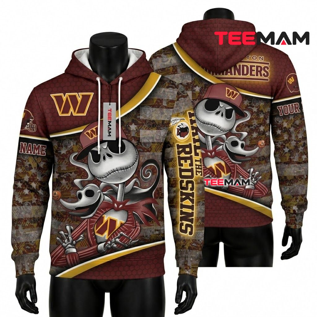 Custom Name Washington Commanders 3D Hoodie Jack Skellington Ghost Front